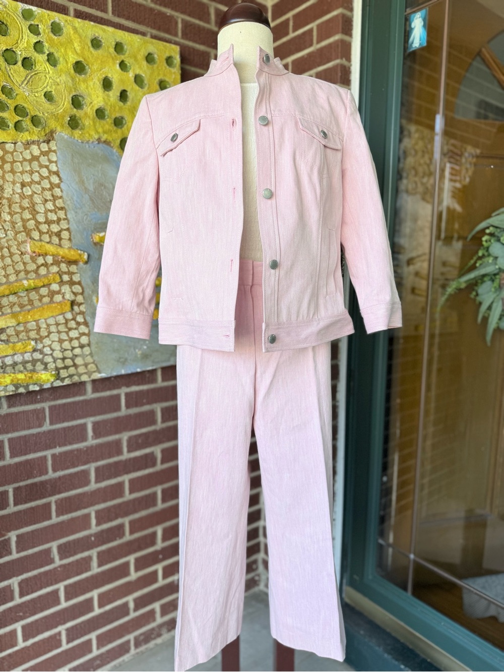 VTG Dana Buchman Pastel Pink Two-Piece Denim Jacket & Wide-Leg Cropped Pants Set